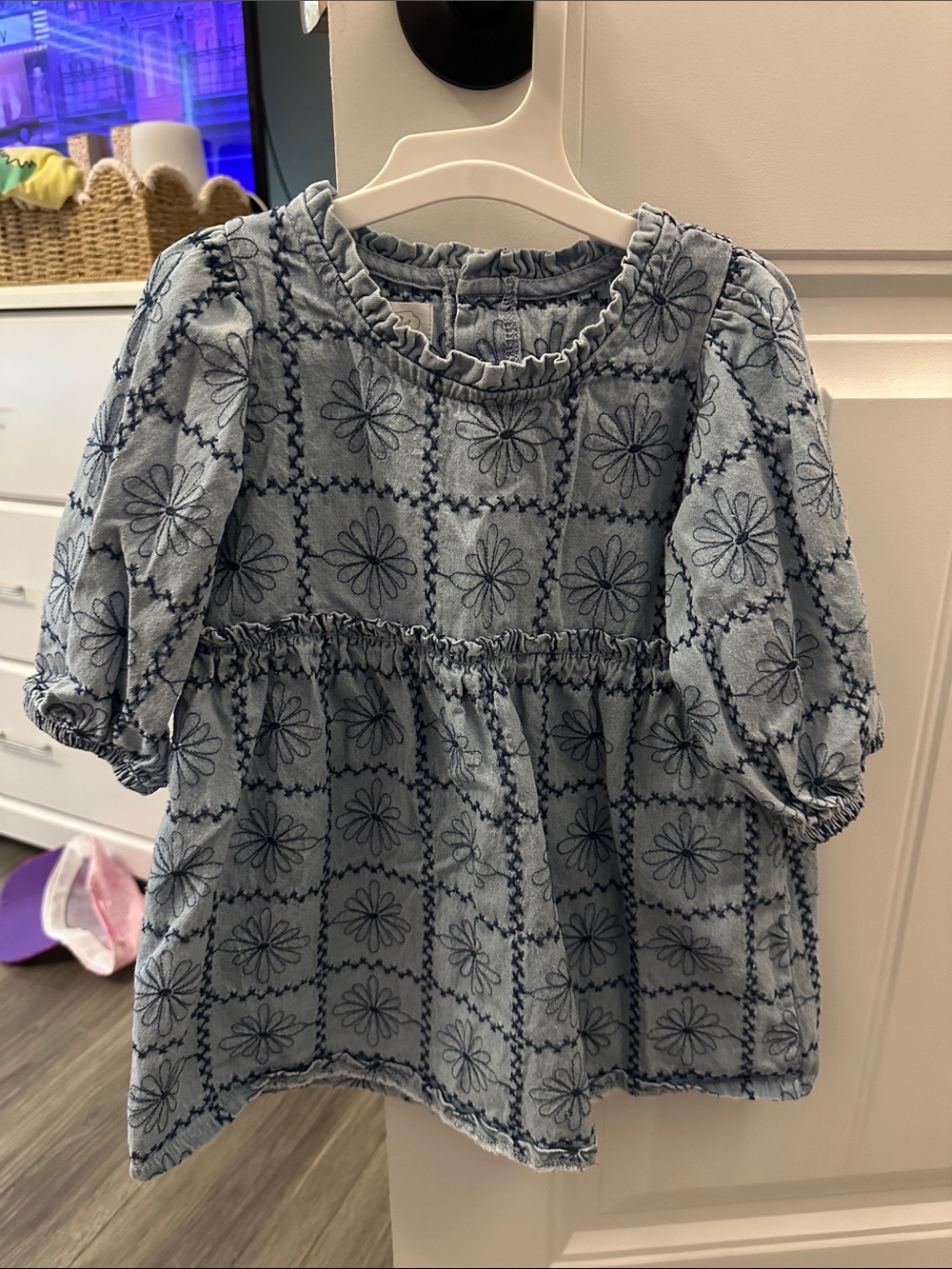 Mud Pie Light Blue Floral Grid Peasant Dress
